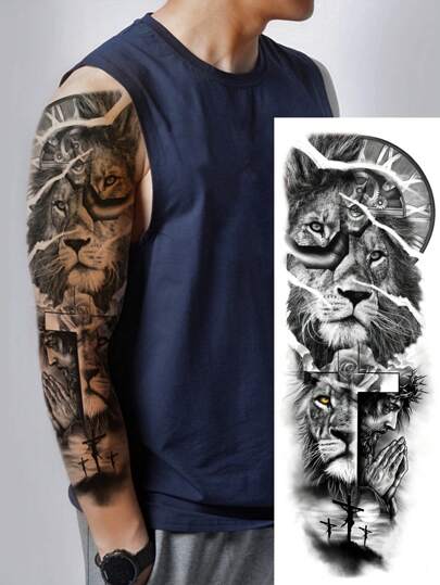 1 hoja Tatuaje temporal de Talla extra grande para todo el brazo para hombres y mujeres, diseño realista de león negro, tatuajes falsos impermeables tipo mangas, duran de 2 a 5 días, cubren cicatrices, se pueden usar en brazos, muñecas, hombros, piernas, cintura, cuello, manos, pecho, muslos, dedos, mejor amigo, tatuaje de pareja, para fiestas