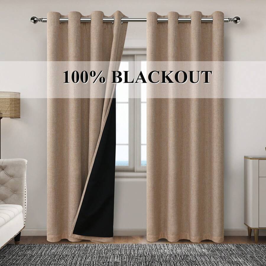 Cortinas Lino Blackout 100% opacas para sala de estar, doble capa que reduce el ruido total de bloqueo de luz para ventana, cortinas para recámara, 1 panel - Caqui - Ver 1