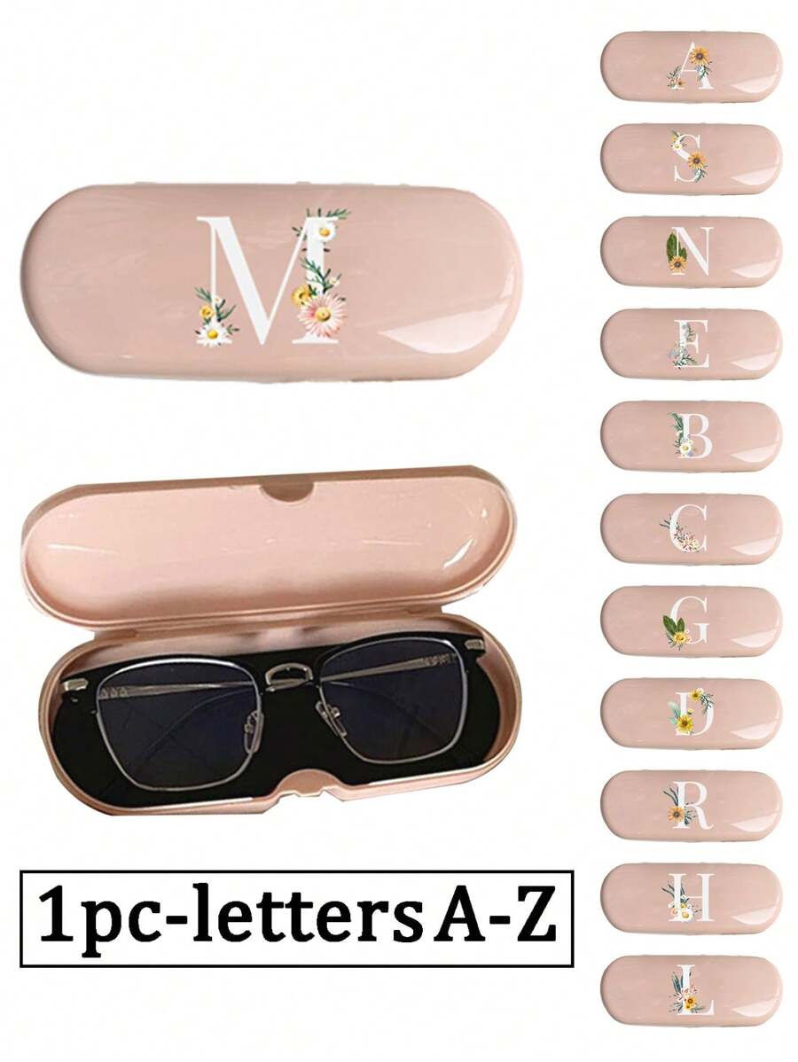 1pc Cream Solid Color Eyeglass Case, New Minimalist Design, Portable, Waterproof And Dustproof (Small, Plastic Material) Letter Eyeglass Hard Case - PU Leather A-Z Floral Print Eyeglass Case - Pink - View 1
