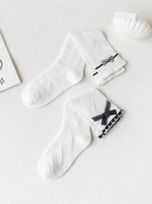 2双公主风荷叶边蝴蝶结装饰图案女童过膝袜 - 白色 - 查看 2