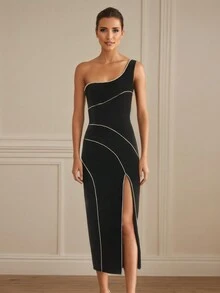 Women Beading Bandage Dress Sexy One Shoulder Sleeveless Bodycon Clothes Party Celebrity Dress, Elegant Cocktail Semi Formal Dress, For Birthday, Wedding Guest, Graduation, Dinner, Homecoming - Black - View 1