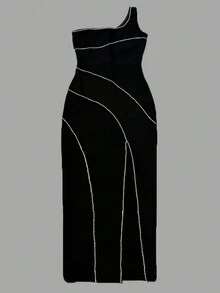 Women Beading Bandage Dress Sexy One Shoulder Sleeveless Bodycon Clothes Party Celebrity Dress, Elegant Cocktail Semi Formal Dress, For Birthday, Wedding Guest, Graduation, Dinner, Homecoming - Black - View 4