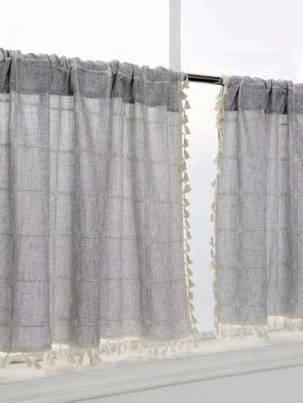 1 件仿亚麻灰色和白色十字图案卧室窗帘