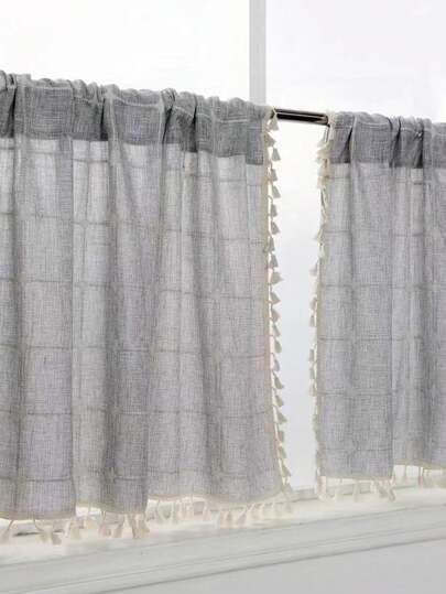 1 件仿亚麻灰色和白色十字图案卧室窗帘