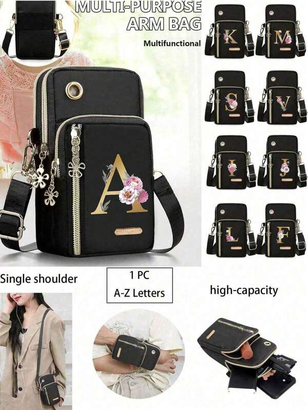 Simple Letter Design Mini Crossbody Bag With Phone Pocket & Wallet, Suitable For Daily Casual Use, Waterproof Crossbody Bag, Shoulder Bag, Side Bag, Square Bag, Essential For Vacation Travel, College, Student Summer Gift, Men's Gift, For Women College, Work, Business, Commute, Office, For Anniversary, For Couple, For Birthday Gift(Letters A-Z)