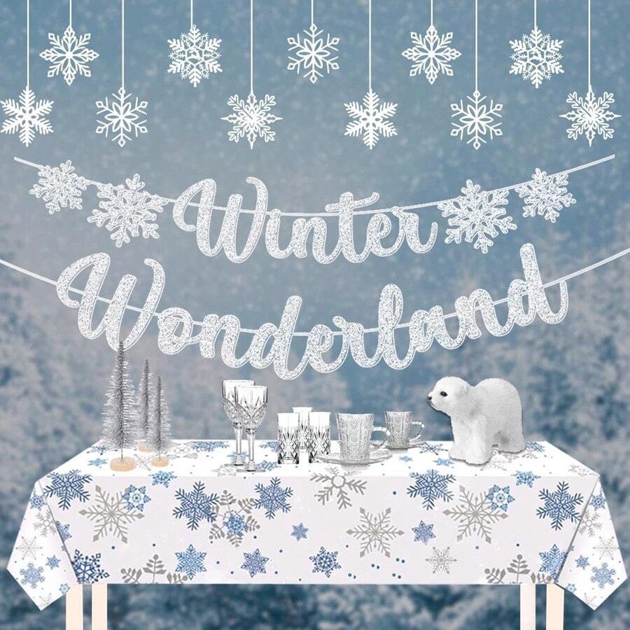 Frozen Winter Wonderland Party Decorations - Plastic Snowflake Hanging Decor, Frozen Party Banner, Icy Snowflake Tablecloth, For Home Bedroom Office Christmas Party Supplies,Christmas - Multicolor - View 1