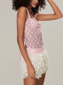 女士夏季性感纯色褶饰蕾丝露背吊带上衣