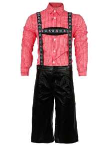 I LOVE FANCY DRESS Mens Deluxe Bavarian Checked Shirt And Lederhosen Costume Oktoberfest Festival Events Fancy Dress Outfit Faux Leather Octoberfest German - Red/Brown - View 4
