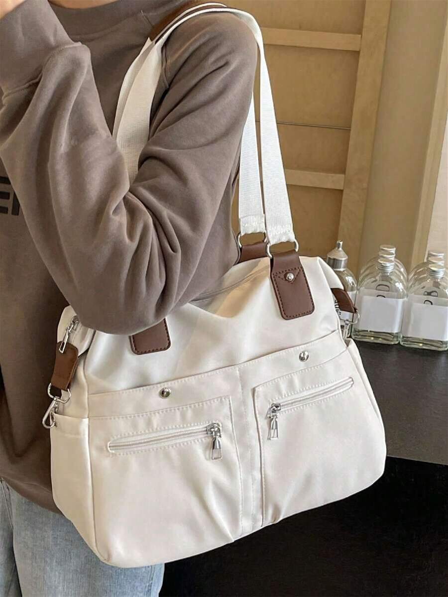 1 件纯色多口袋、多肩带女士手提包，男女通用时尚单肩包，大容量休闲斜挎包，适合日常通勤和大学生，面料材质 - 白色 - 查看 1
