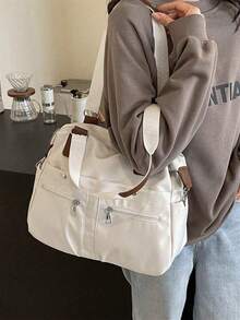 1 件纯色多口袋、多肩带女士手提包，男女通用时尚单肩包，大容量休闲斜挎包，适合日常通勤和大学生，面料材质 - 白色 - 查看 2