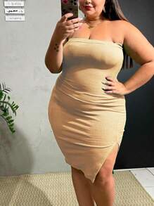 Plus Size Ribbed Strapless Midi Dress Size 36 To 56 - Beige - Visa 1