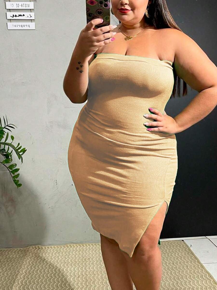 Plus Size Ribbed Strapless Midi Dress Size 36 To 56 - Beige - Visa 1