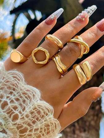 6 件套欧美复古时尚夸张几何弧形女士开口可调节戒指套装宴会节日礼物送朋友