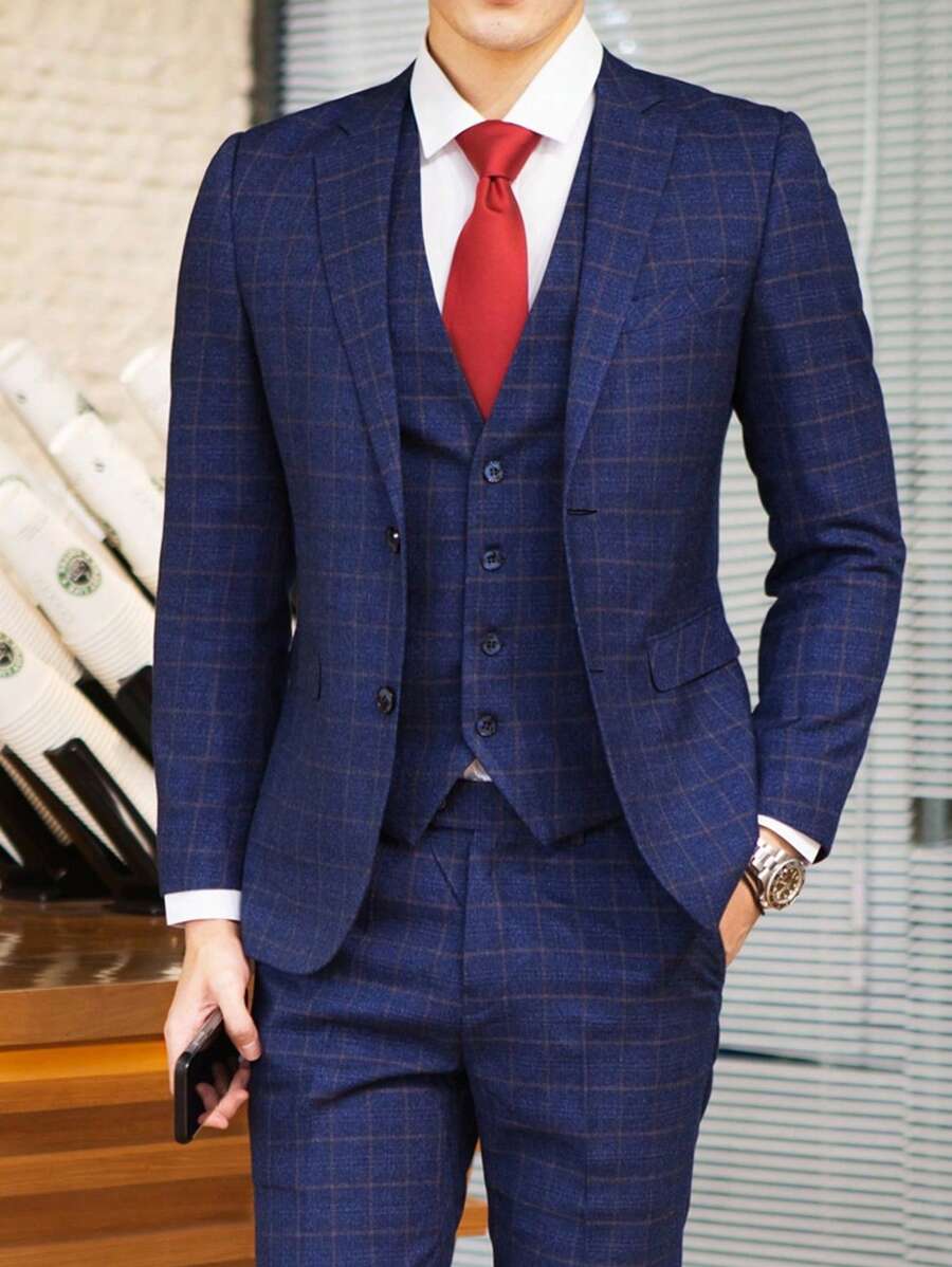 Blue Plaid Men's Business Casual Suit, Men's Formal Attire - Navy Blue - View 1