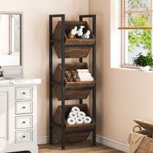 LITTLE TREE Basket Stand, 3 Tier Wood Shelving Unit With Baskets, Rustic Vertical Standing Basket Storage Tower For Kitchen Bathroom Living Room - màu đen - Xem 2