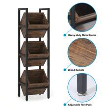 LITTLE TREE Basket Stand, 3 Tier Wood Shelving Unit With Baskets, Rustic Vertical Standing Basket Storage Tower For Kitchen Bathroom Living Room - màu đen - Xem 10