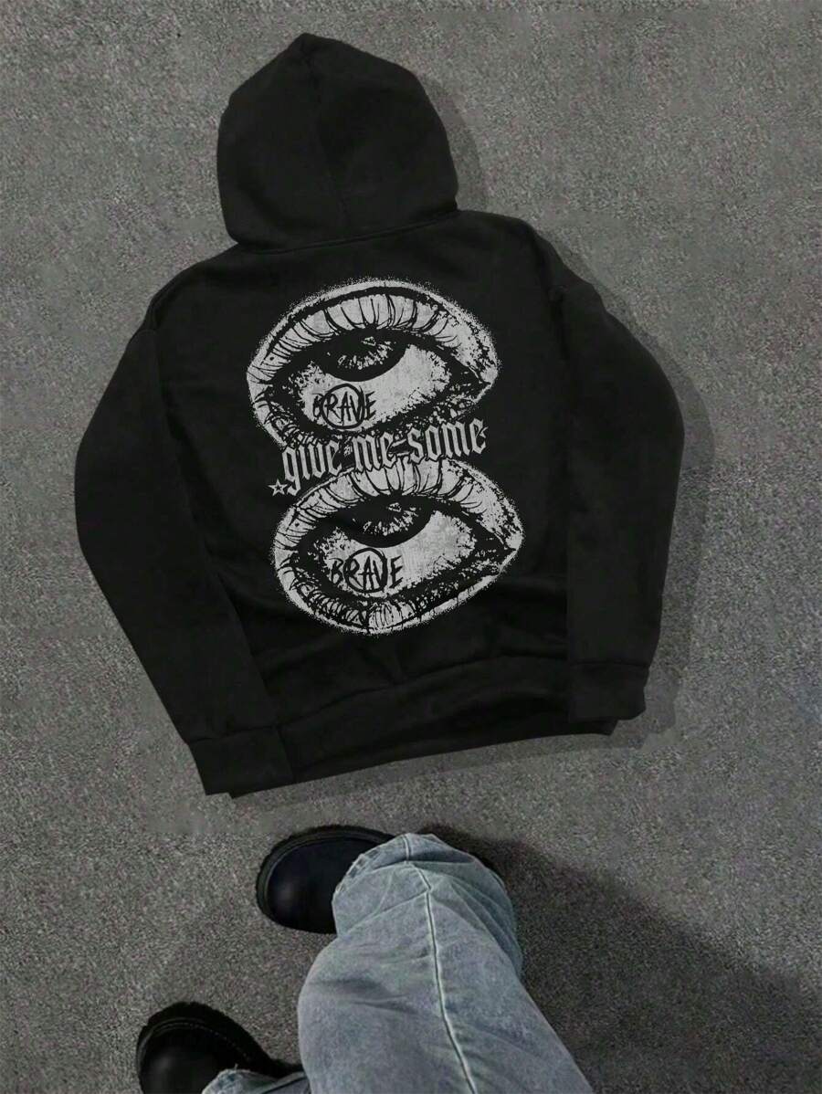 Shwiy Street Life Men's Distressed Eye & Letter Print Long Sleeve Casual Hoodie, Essential For Halloween - Black - View 1