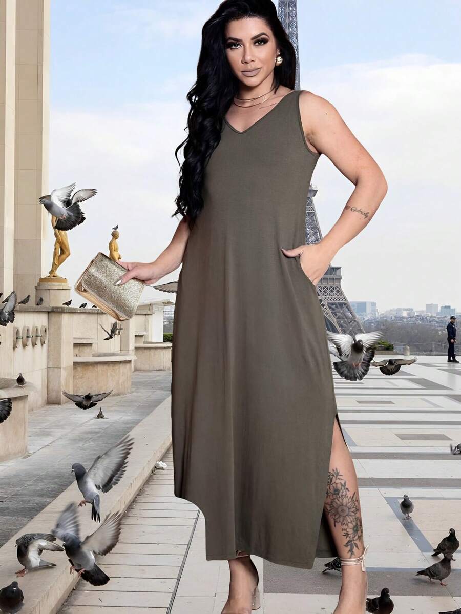 Women's Long Tank Dress In Viscolycra With V-Neckline And Side Slit And Side Pockets 40 To 48 - xanh quân đội - Xem 1