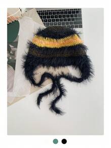 1buc drăguț corn de diavol Y2K colorblock cu dungi Fuzzy Earmuff tricot pălărie beanie, căciulă caldă de pluș cu cravată, balaclava