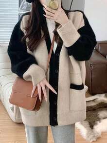 Áo len cardigan cổ chữ V cho nữ - Màu be - Xem 1