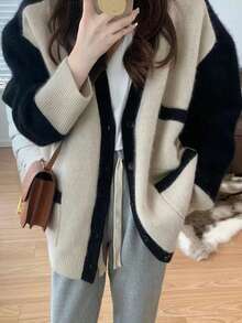 Áo len cardigan cổ chữ V cho nữ - Màu be - Xem 4