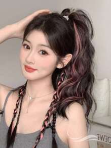 渐变粉色高马尾辫拳击手辫子合成接发，具有水波纹理和彩色夹子