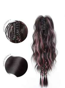 渐变粉色高马尾辫拳击手辫子合成接发，具有水波纹理和彩色夹子