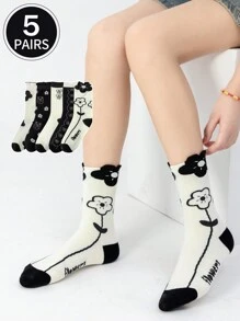 5 Pairs Of Women's Long Socks,Crew Socks,Women Socks,Cute Socks,Girls Socks, White Socks,Mesh Breathable Details, Guide Rail Breathable Hole Design, Moisture Wicking, Soft And Smooth, Suitable For Various Holidays, Sports, Leisure, Business And Other Daily Wear, Can Be Worn All Year Round, Color Combinations Are Random.