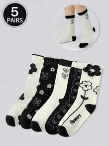 5 Pairs Of Women's Long Socks,Crew Socks,Women Socks,Cute Socks,Girls Socks, White Socks,Mesh Breathable Details, Guide Rail Breathable Hole Design, Moisture Wicking, Soft And Smooth, Suitable For Various Holidays, Sports, Leisure, Business And Other Daily Wear, Can Be Worn All Year Round, Color Combinations Are Random.