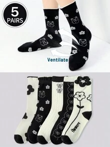 5 Pairs Of Women's Long Socks,Crew Socks,Women Socks,Cute Socks,Girls Socks, White Socks,Mesh Breathable Details, Guide Rail Breathable Hole Design, Moisture Wicking, Soft And Smooth, Suitable For Various Holidays, Sports, Leisure, Business And Other Daily Wear, Can Be Worn All Year Round, Color Combinations Are Random.