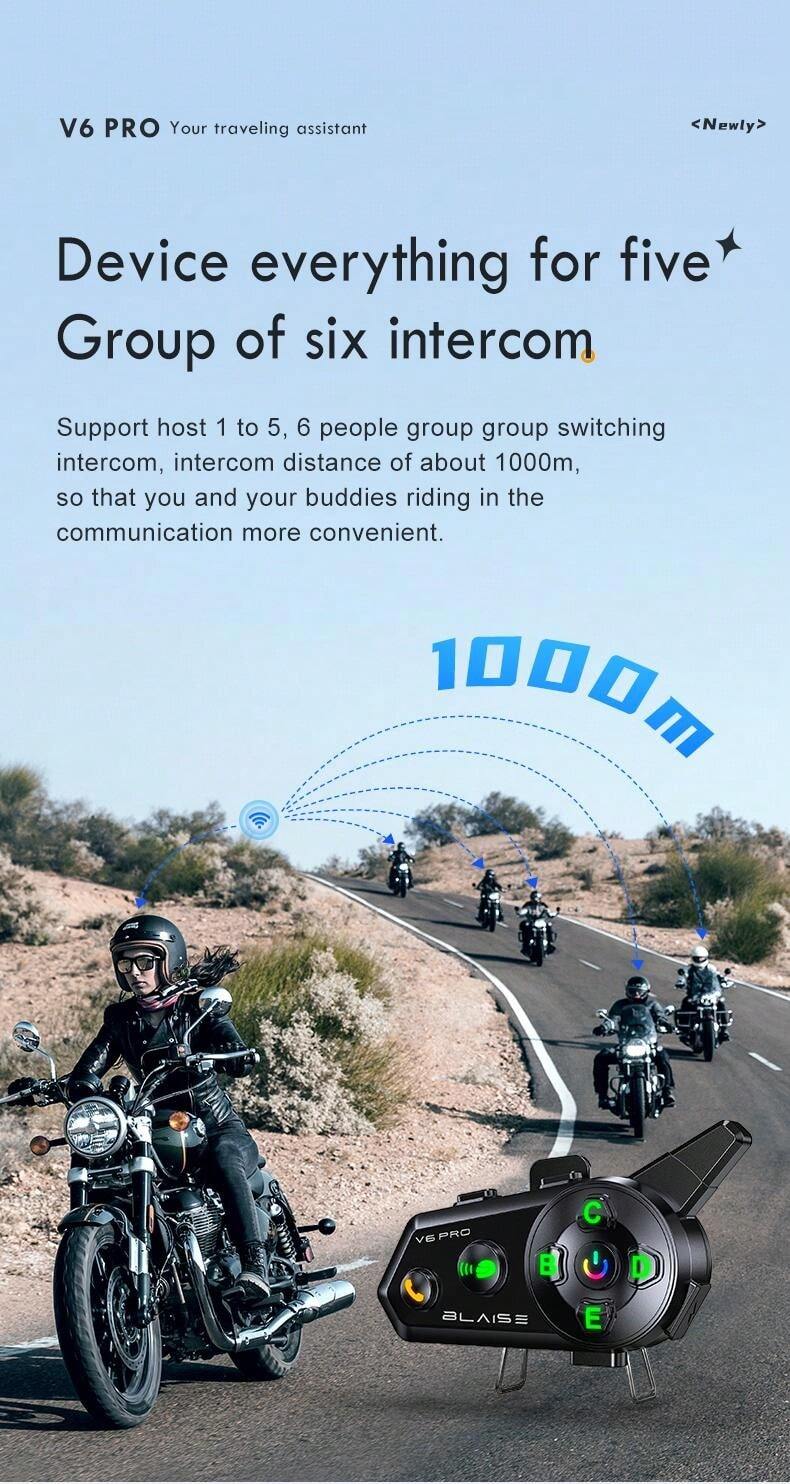 Interfono bluetooth per casco moto BLAISE V6 PRO, vivavoce per