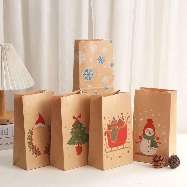 10/12/24 pezzi/set 24*13*8cm Eleganti buste regalo di carta kraft con motivi di pupazzi di neve e fiocchi di neve per caramelle, con adesivi (1 adesivo incluso), decorazioni natalizie, pigiami natalizi, regali di Natale, decorazioni natalizie