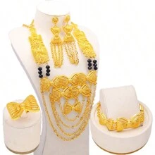 1 Set (2 piezas de pendientes + 1 pieza de anillo + 1 pieza de anillo de nudillo + 1 pieza de collar) Set de joyería nupcial con estilo exagerado de Oriente Medio chapado en oro de 24K para mujeres