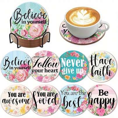 8pcs/Set Text Design Diamond Painting Coaster Set, Sparkling Crystal Reusable Heat-Resistant Beverage Mats With Holder, DIY Coaster Crafts For Beginners, Adults, Diamond Art Craft Gift