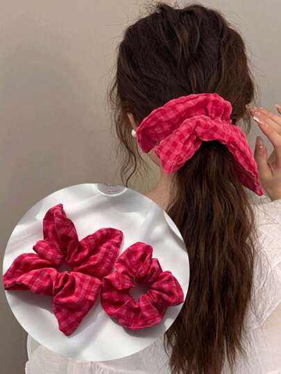1条手工格纹发圈，布艺领巾式发圈，树莓粉色，发圈，发绳，马尾辫发饰，弹力发带，橡皮筋