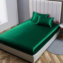 Satin Bed Sheets 10 Colors Faux Silk Shet Set Cooling Soft Sheet With Deep Pocket Fitted Sheet Pillow Cover - màu xanh lá - Xem 6