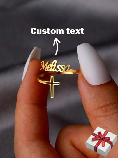 Anneau de bijoux en acier inoxydable de couleur or avec plaque personnalisée avec initiale de croix, cadeau de Noël pour femmes