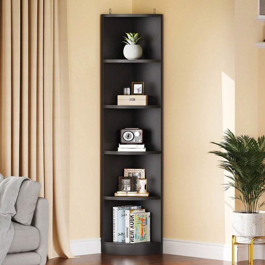 71" Tall 5-Tier Corner Shelf Wooden Bookshelf With Shelves Wooden Open Storage Book Shelves Corner Bookcase And Bookshelves For Living Room Home Office - 黑色 - 查看 1