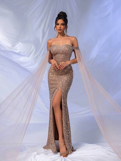 Off Shoulder Split Thigh Sequin Formal Dress, Elegant Prom Evening Gown, For Wedding Guest, Graduation, Dinner