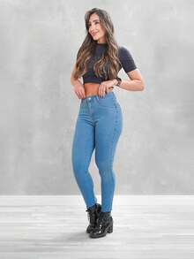 Shein Women's Jeans Luxury Skinny High Waist Lifts Butt With Lycra Elastane - 淺藍色 - 查看 3