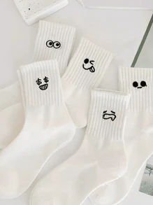 5 Pairs Of Cartoon Expression Printed Casual Mid Length Socks For Couples - View 6