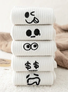 5 Pairs Of Cartoon Expression Printed Casual Mid Length Socks For Couples - View 3