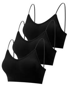 3 Pcs Padded Bralettes For Women Wireless Cami Bras Tank Top Sport Bras Comfort Seamless V Neck With Removable Pads For Girls Laddies Everyday Camisole Basic Bra - 黑色-3件 - 查看 1