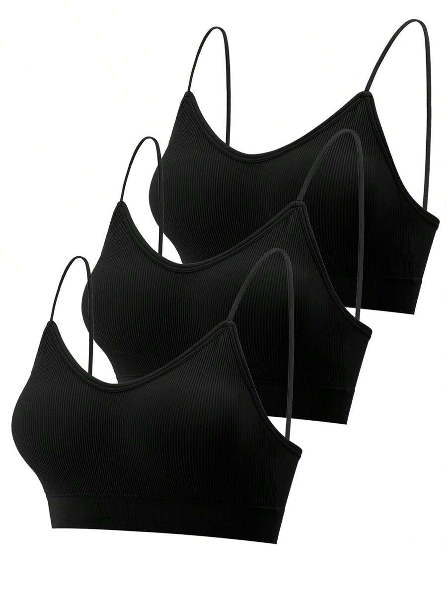 3 Pcs Padded Bralettes For Women Wireless Cami Bras Tank Top Sport Bras Comfort Seamless V Neck With Removable Pads For Girls Laddies Everyday Camisole Basic Bra - 黑色-3件 - 查看 1