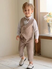 3 件套年轻男孩卡其色正装套装：条纹双排扣背心 + 裤子 + 领结，适合学校、舞台表演、婚礼花童、派对、初秋 - 卡其色 - 查看 2