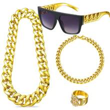 4pcs 80s 90s Accessories Outfit For Women Hip Hop Costume Kit Old School Rapper Sunglasses Faux Gold Rope Chain Ring And Bracelet Set Party Decorations,For Christmas Parties, Carnival Parties Dressing Up - Gold - View 9