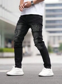 青少年男孩时尚星星印花破洞弹力牛仔裤 - 黑色 - 查看 3