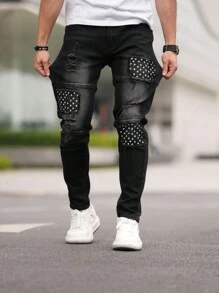 青少年男孩时尚星星印花破洞弹力牛仔裤 - 黑色 - 查看 5