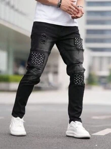 青少年男孩时尚星星印花破洞弹力牛仔裤 - 黑色 - 查看 4