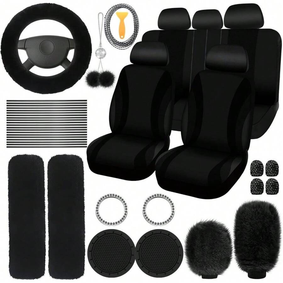 35-Piece Car Seat Cover Set With Steering Wheel Cover, Cup Holder Coasters, Shoulder Pads, And Accessories - Polyester Fabric Interior Decor Kit Without Filler - màu đen - Xem 1